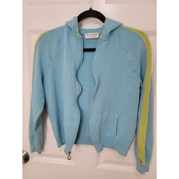 Vintage ST. JOHN SPORT Blue & Green Knit Hooded Cardigan Sweater With Pockets & - Picture 5 of 16
